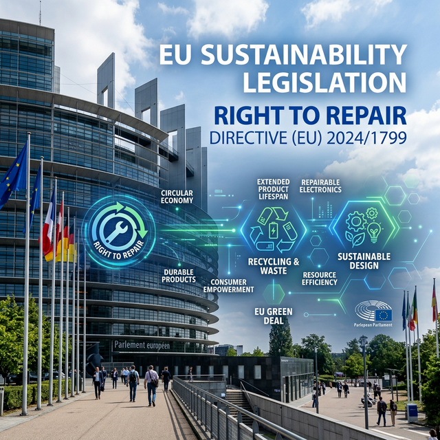 European Parliament building with Right to Repair Directive overlay