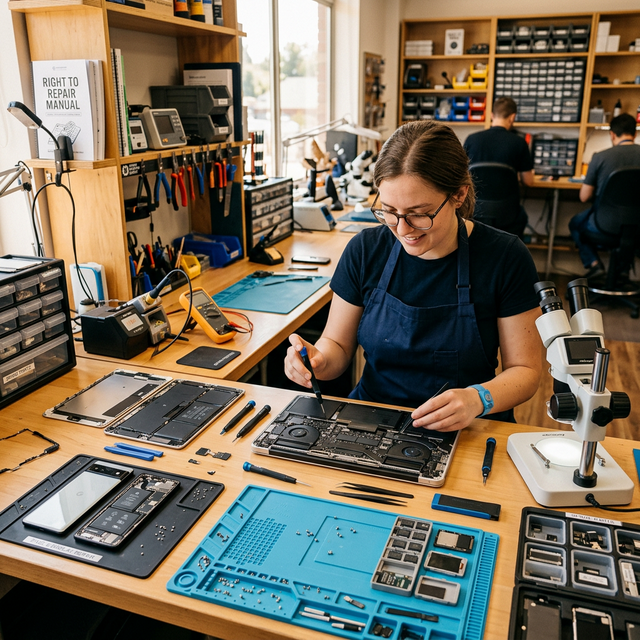 Profesionální technik opravující elektronická zařízení v moderní dílně